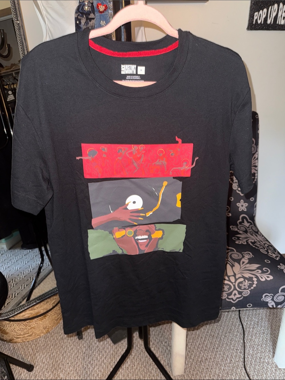 Sisley Black Short Sleeve Tee with Red, Yellow, Green Graphic Panels